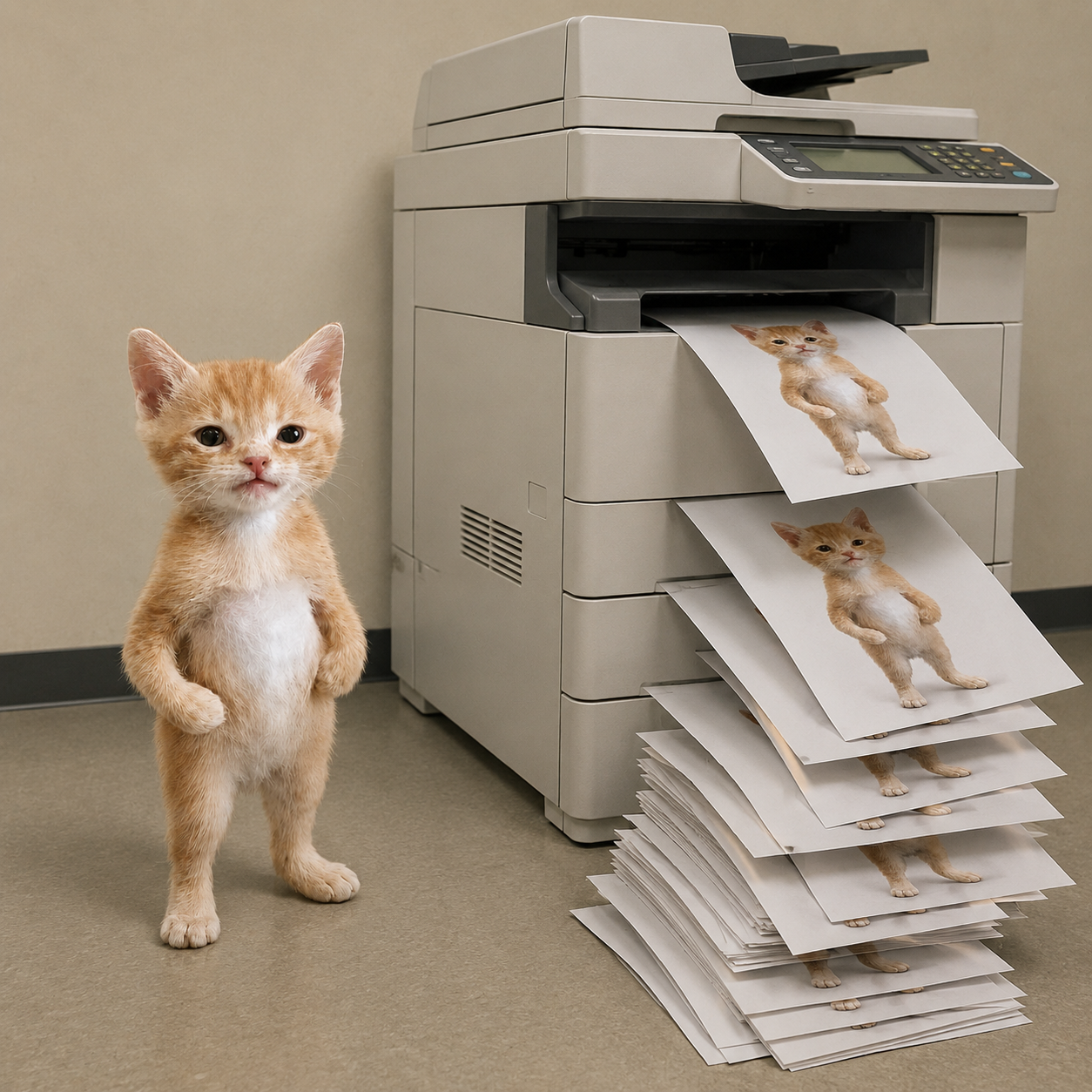 Duplicat next to an office copier printing more of him